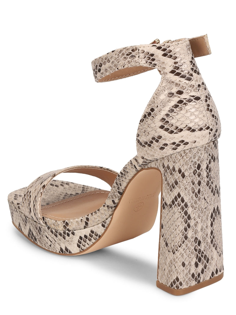 Snake Pattern Block Heel Buckled Sandals