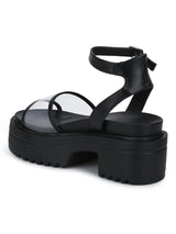 Black PU Perspex Cleated Bottom Ankle Strap Platform Block Heels