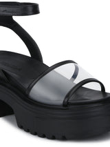 Black PU Perspex Cleated Bottom Ankle Strap Platform Block Heels