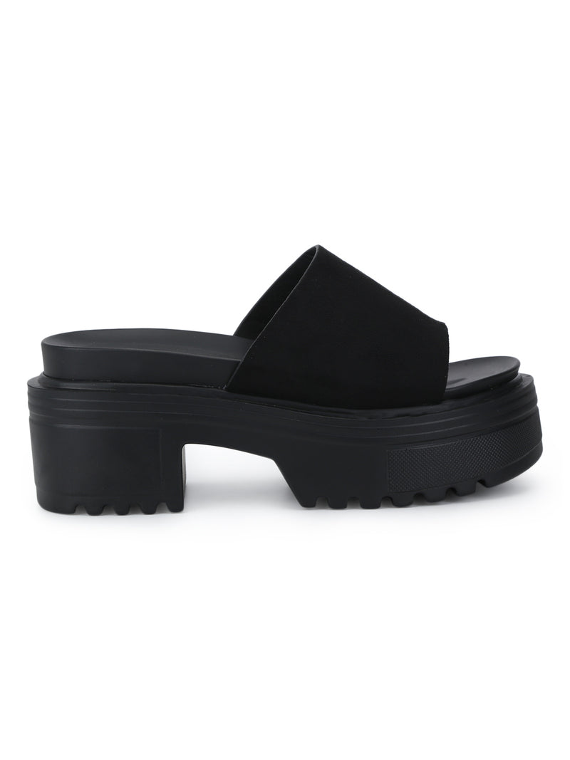 Black Micro Slip-on Cleated Bottom Platform Block Heels