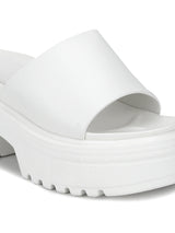 White PU Slip-on Cleated Bottom Platform Block Heels
