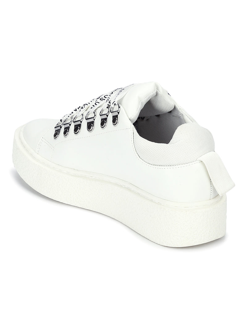 White PU Lace-Up Sneakers