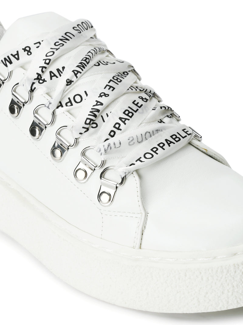 White PU Lace-Up Sneakers