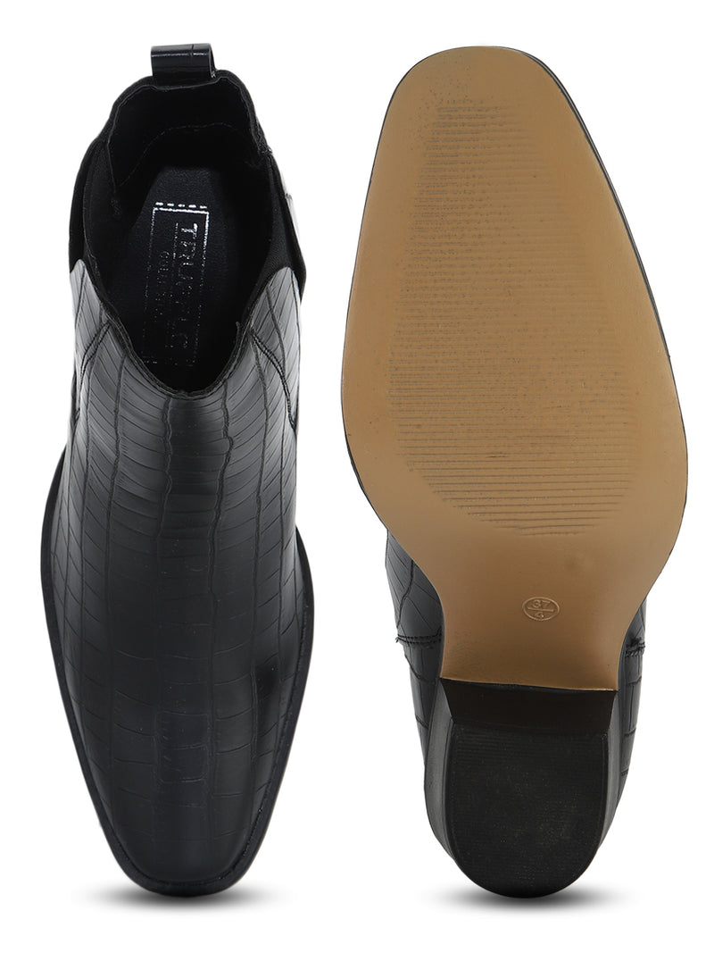 Black Croc Low Block Heel Ankle Boots