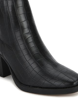 Black Croc Low Block Heel Ankle Boots