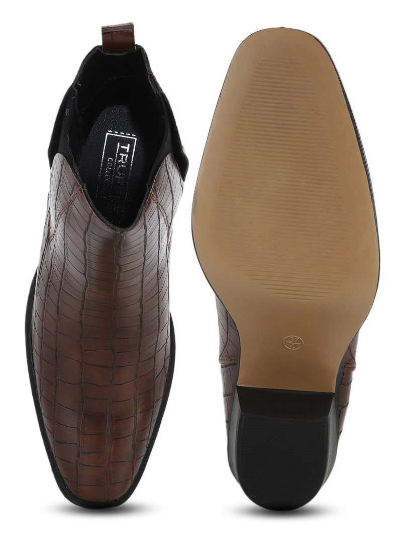Brown Croc Low Block Heel Ankle Boots