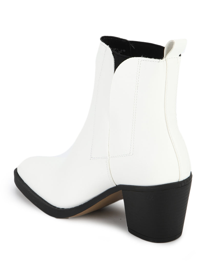 White PU Low Block Heel Ankle Boots