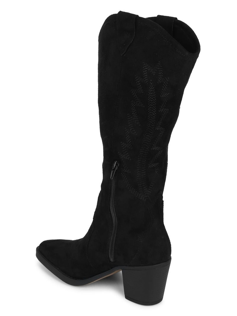 Black Micro Long Block Heel Boots