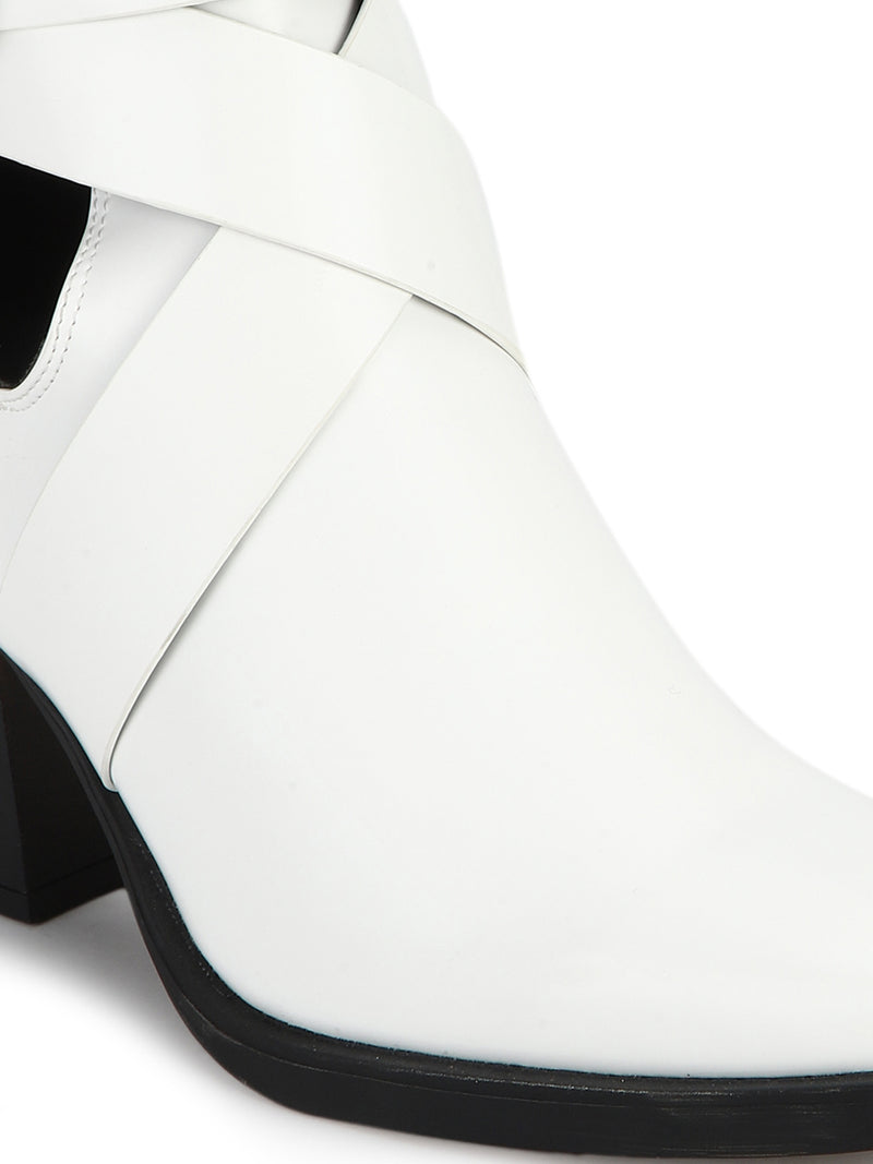 White Box Ankle Buckle Belt Block Heel Ankle Boots