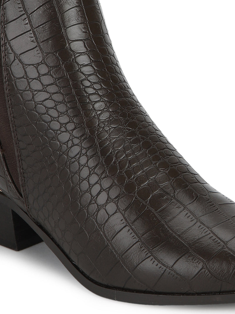 Brown Croc Minimal Block Heel Ankle Boots