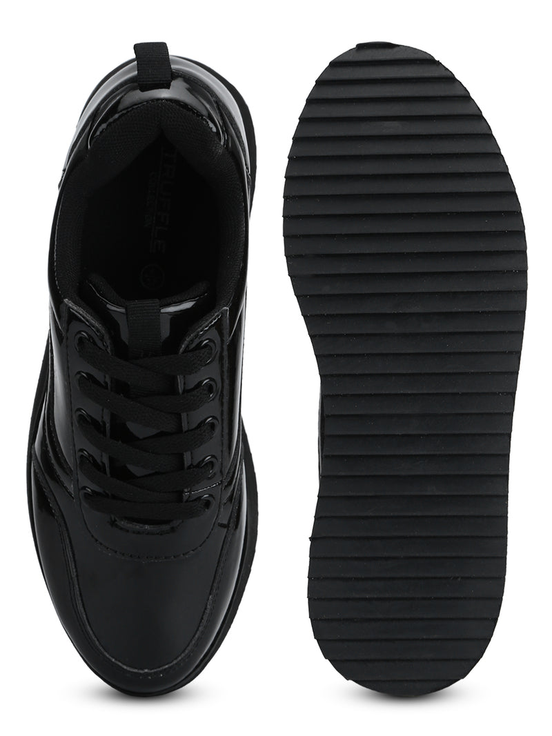 Black Patent PU Lace-Up Flatform Sneakers