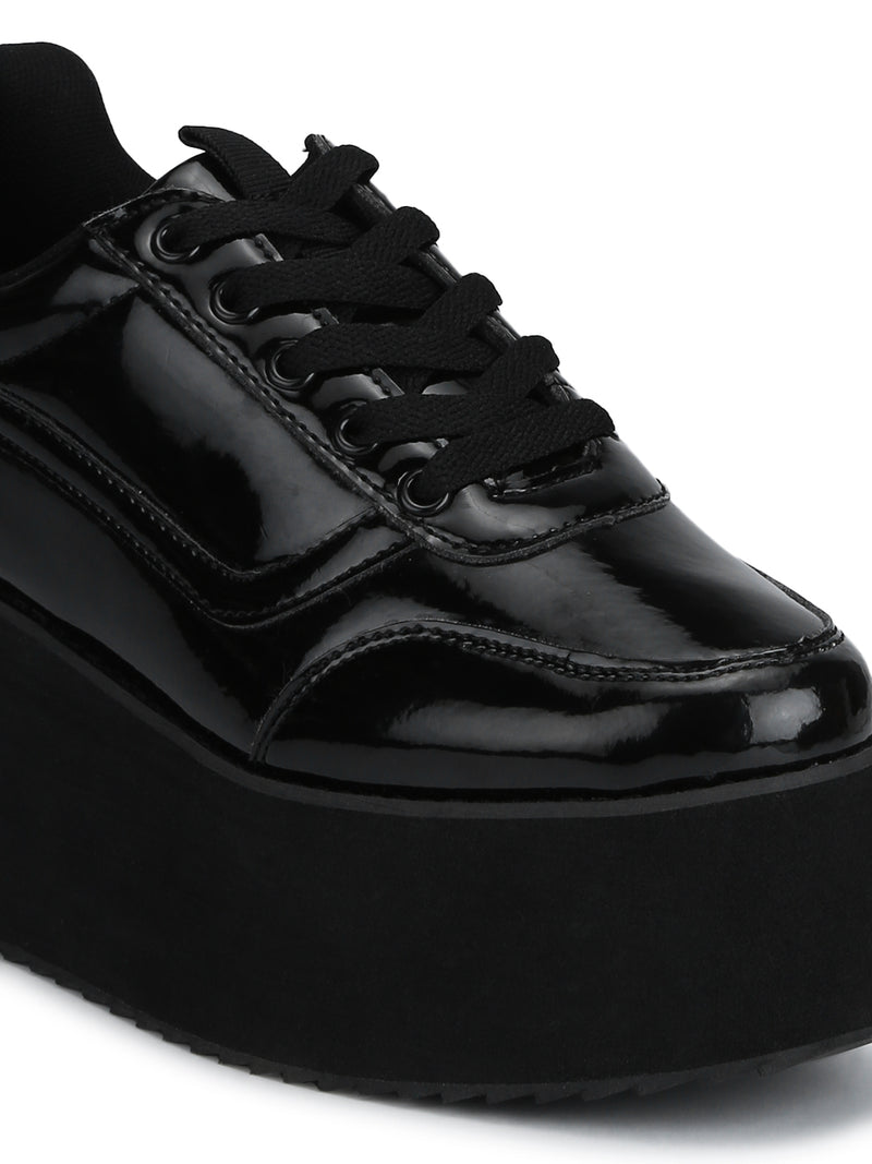 Black Patent PU Lace-Up Flatform Sneakers