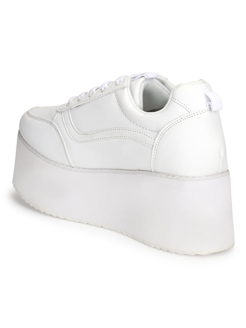 White PU Lace-Up Flatform Sneakers
