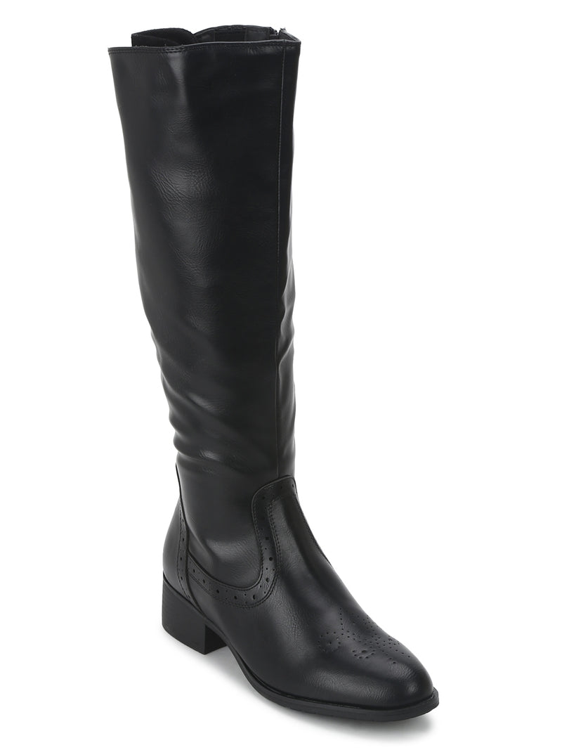 Black PU Back Lace Calf Length Boots