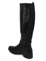 Black Pu Buckled Low Heel Calf Length Boots
