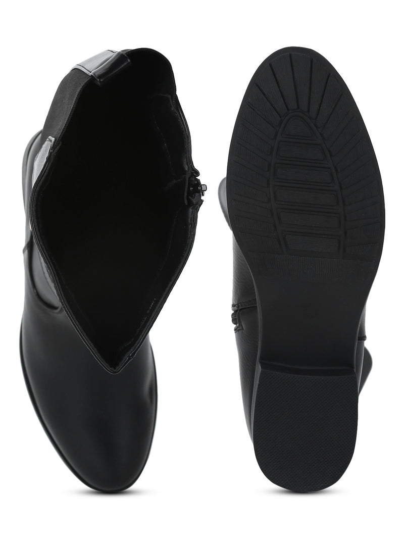Black Pu Buckled Low Heel Calf Length Boots