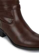 Brown Pu Buckled Low Heel Calf Length Boots