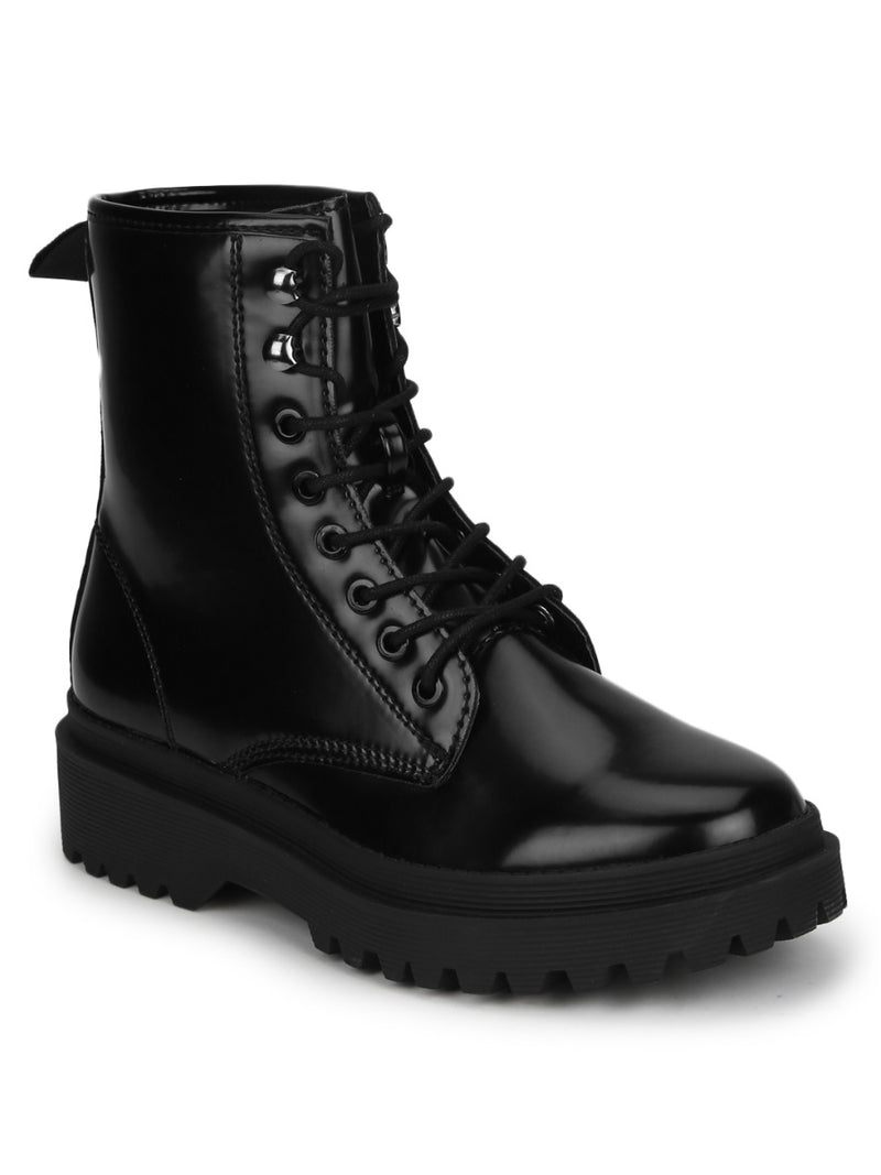 Black Shine PU Lace Up Ankle Boot