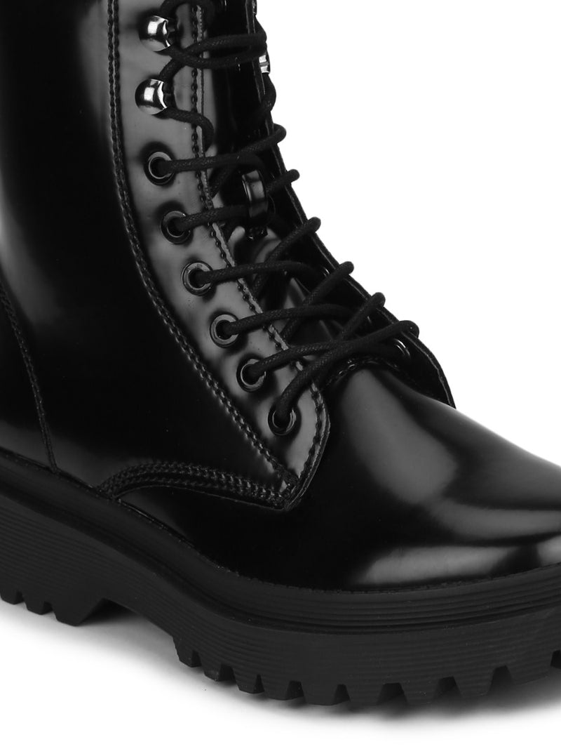 Black Shine PU Lace Up Ankle Boot