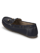 Navy Blue PU Loafers With Bow