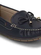 Navy Blue PU Loafers With Bow