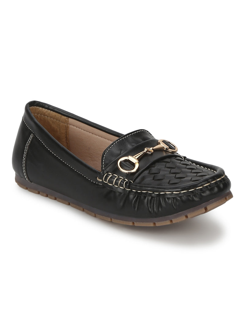 Black PU Gold Chain Loafer With Weaves