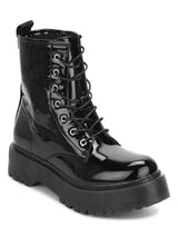 Black Patent Lace-Up Cleated Platform Ankle Boots