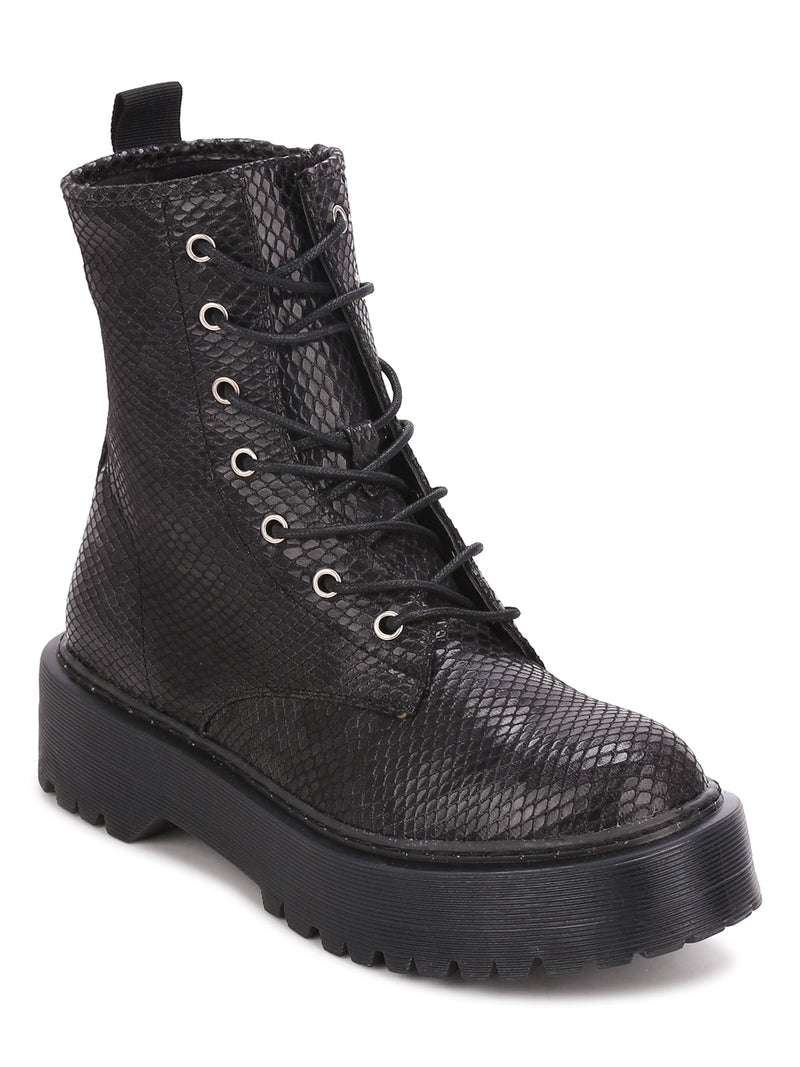 Snake PU Lace-Up Cleated Platform Ankle Boots