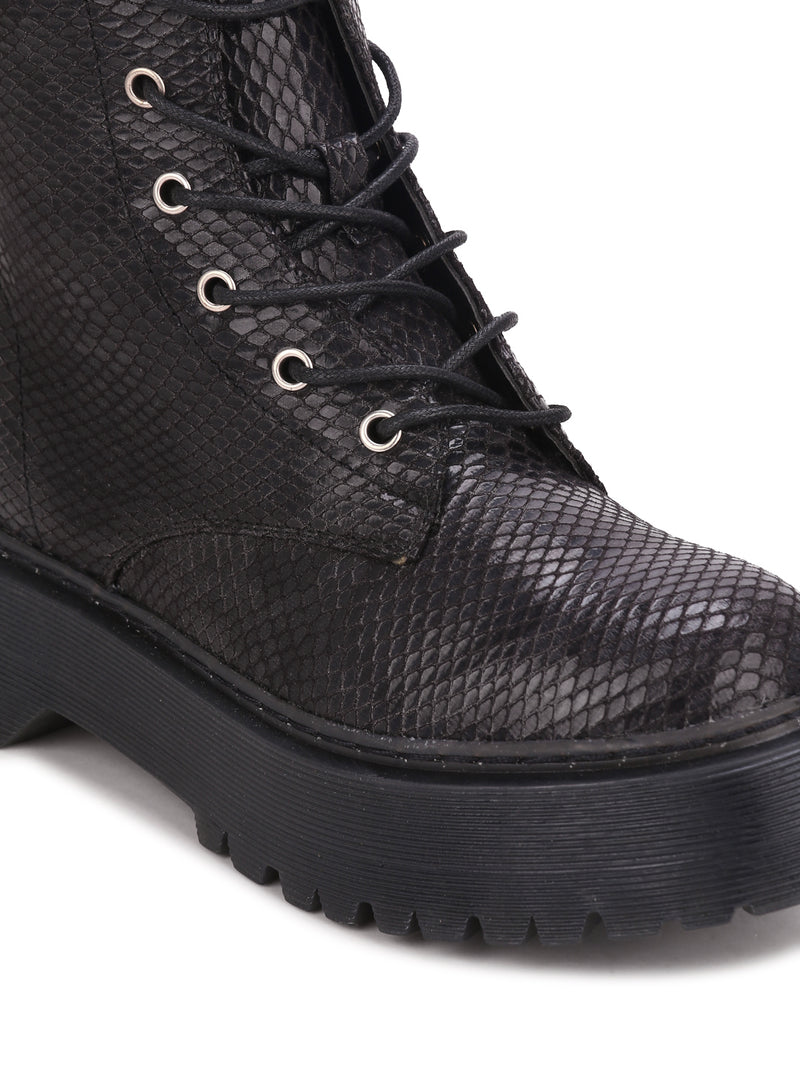 Snake PU Lace-Up Cleated Platform Ankle Boots