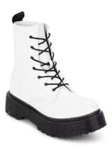 White PU Lace-Up Cleated Platform Ankle Boots