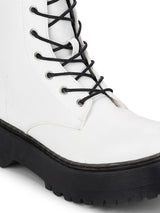 White PU Lace-Up Cleated Platform Ankle Boots