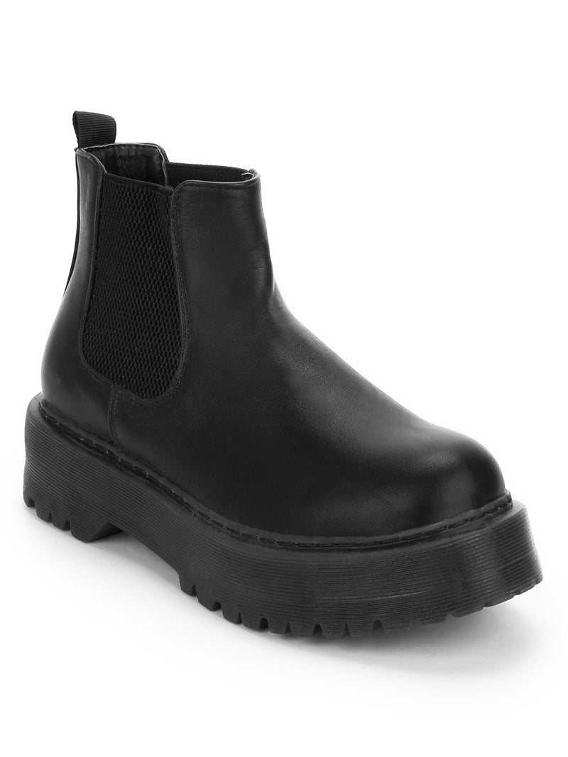 Black PU Elastic Slip-On Ankle Boots
