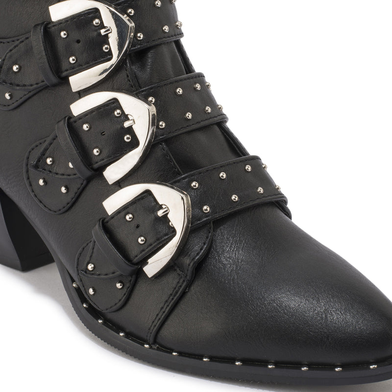 Black Synthetic Buckle Stud Detail Ankle Boot