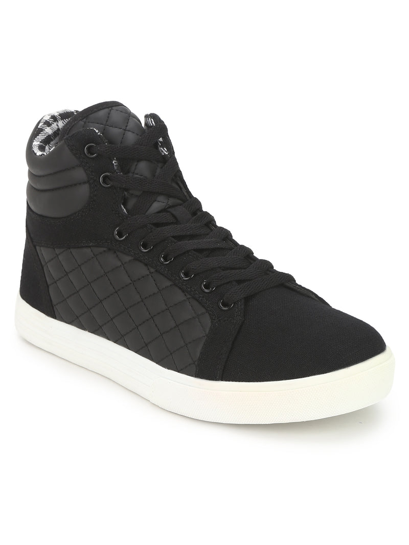 Black PU High Top Lace-Up Men Sneakers