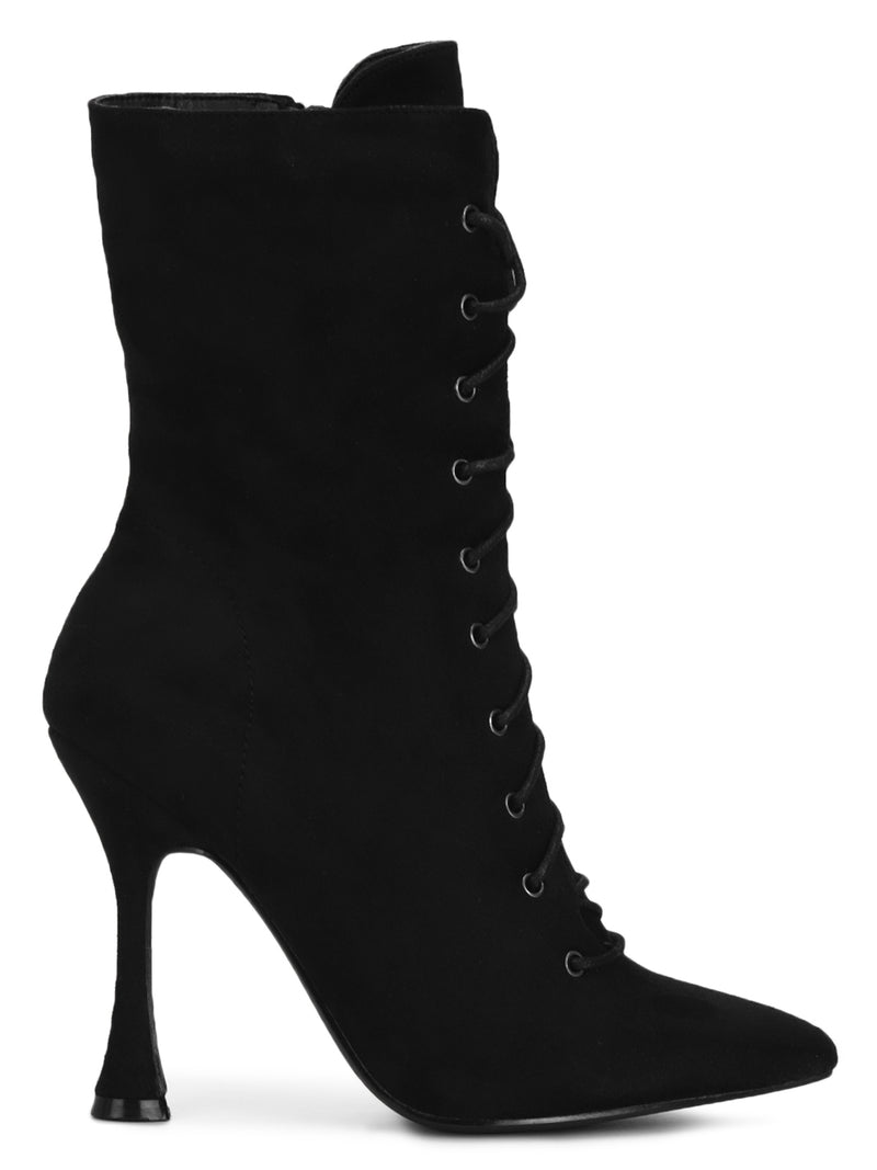 Black Micro Front Lace Up Ankle Length Boots