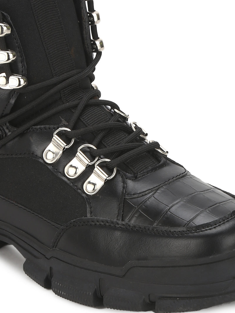 Black PU Cleated Bottom Eyelets Lace-Up Men Boots