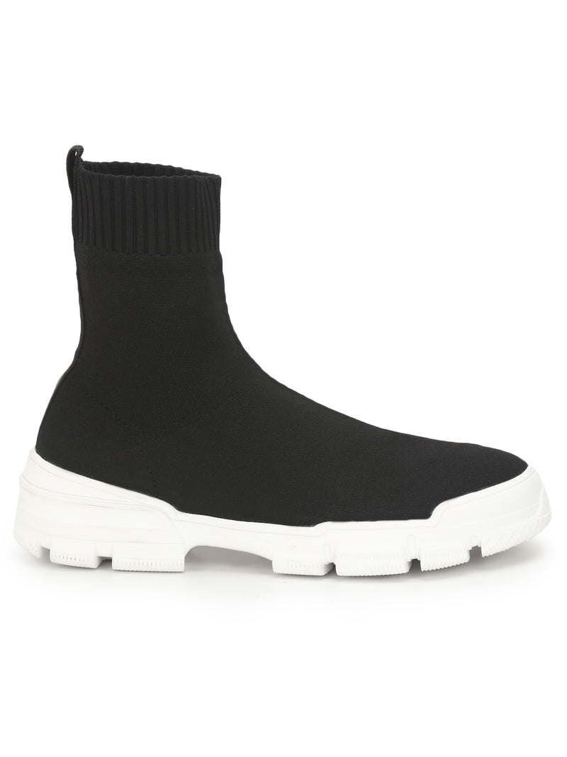 Black Knit High Top Cleated Bottom Men Sneakers