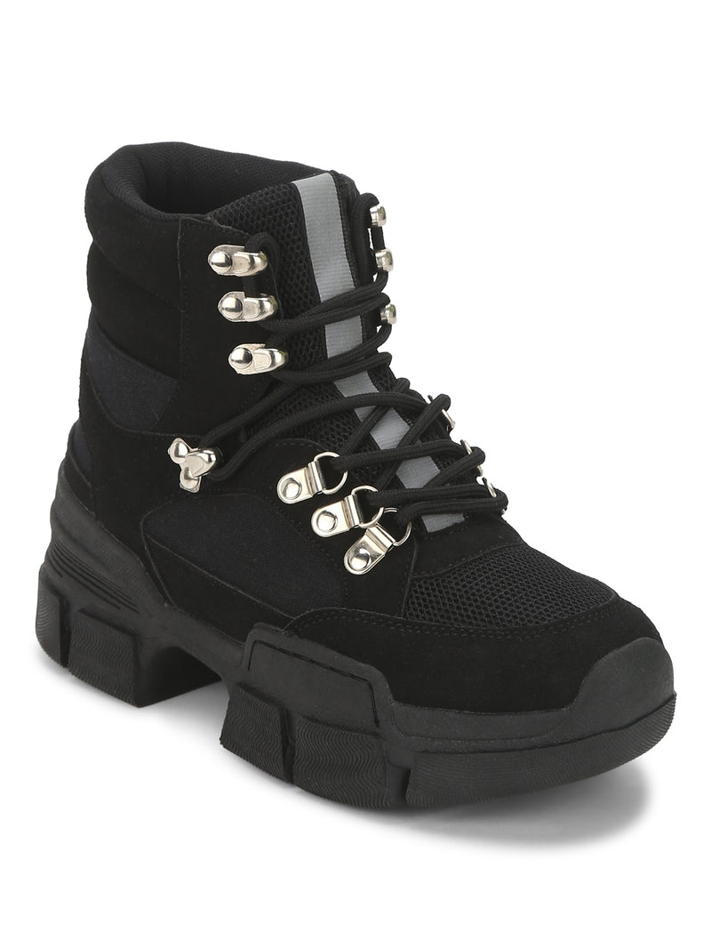 Black Micro Heeled Lace-Up Sneakers