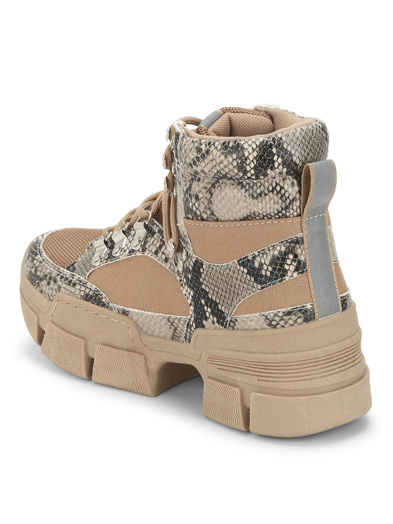 Natural Snake Heeled Lace-Up Sneakers