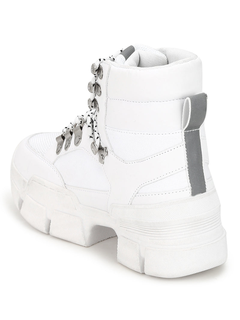 White PU Heeled Lace-Up Sneakers