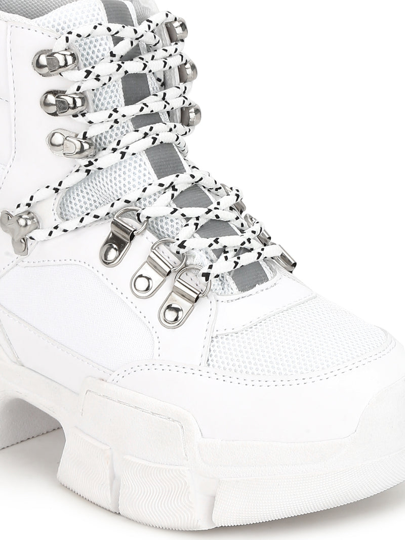 White PU Heeled Lace-Up Sneakers