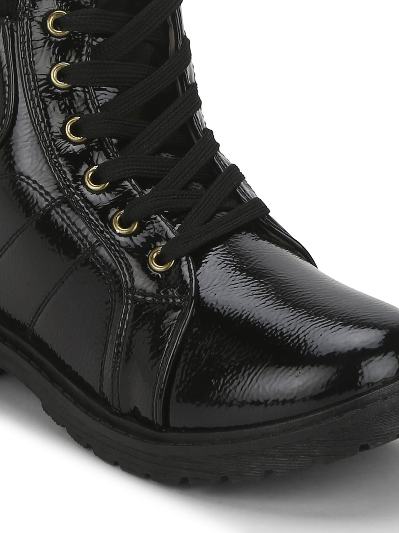 Black Patent Lace-Up Ankle Boots