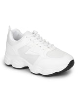 White Mesh PU Lace-Up Chunky Sneakers With Contrast Bubble Sole