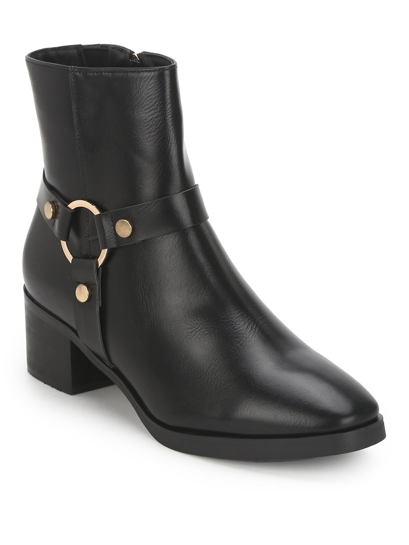 Black PU Round Buckle Belt Ankle Length Boots