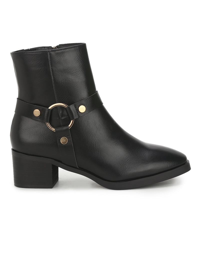 Black PU Round Buckle Belt Ankle Length Boots