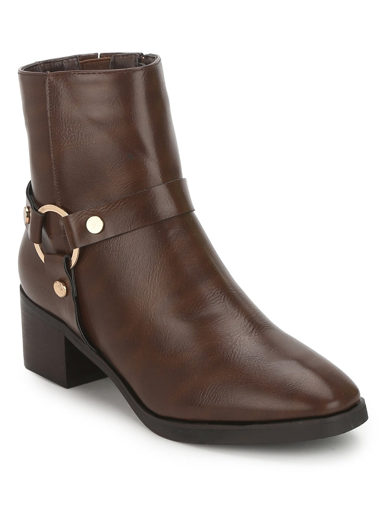 Brown PU Round Buckle Belt Ankle Length Boots