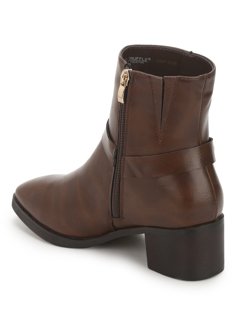 Brown PU Round Buckle Belt Ankle Length Boots
