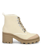 Beige Canvas Lace-up Block Heel Ankle Boots