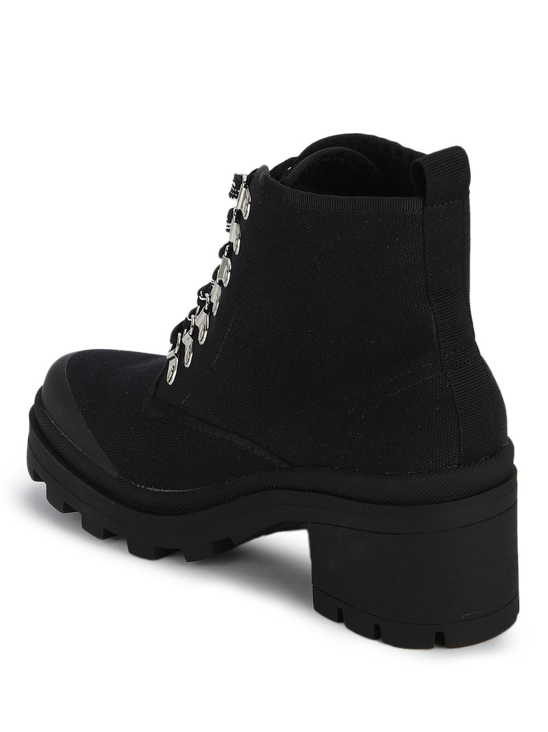 Black Canvas Lace-up Block Heel Ankle Boots