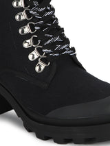 Black Canvas Lace-up Block Heel Ankle Boots